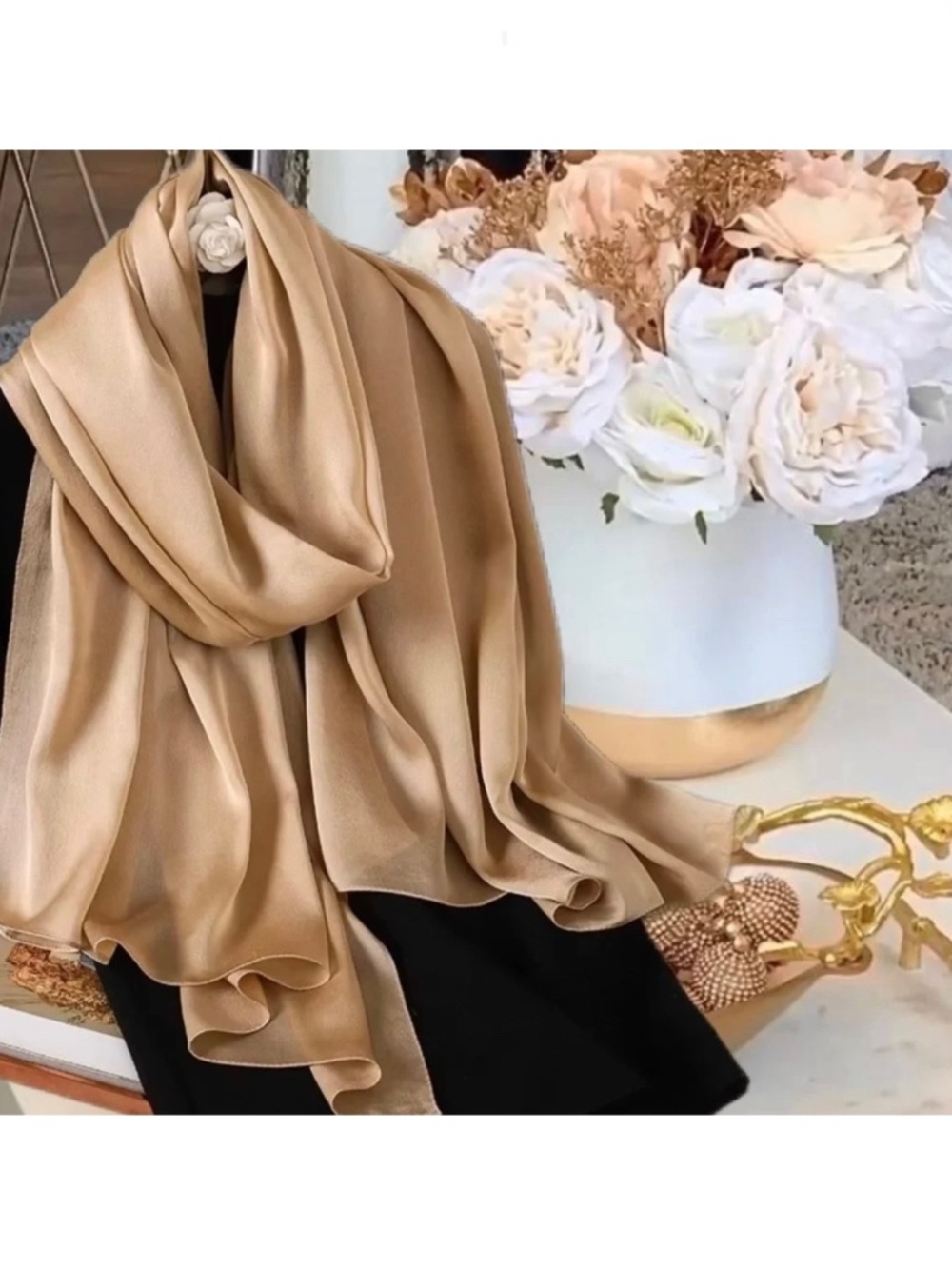 Light Camel Brown 100% SILK SATIN Large Shawl Scarf Wrap Beige Wedding CoverUp